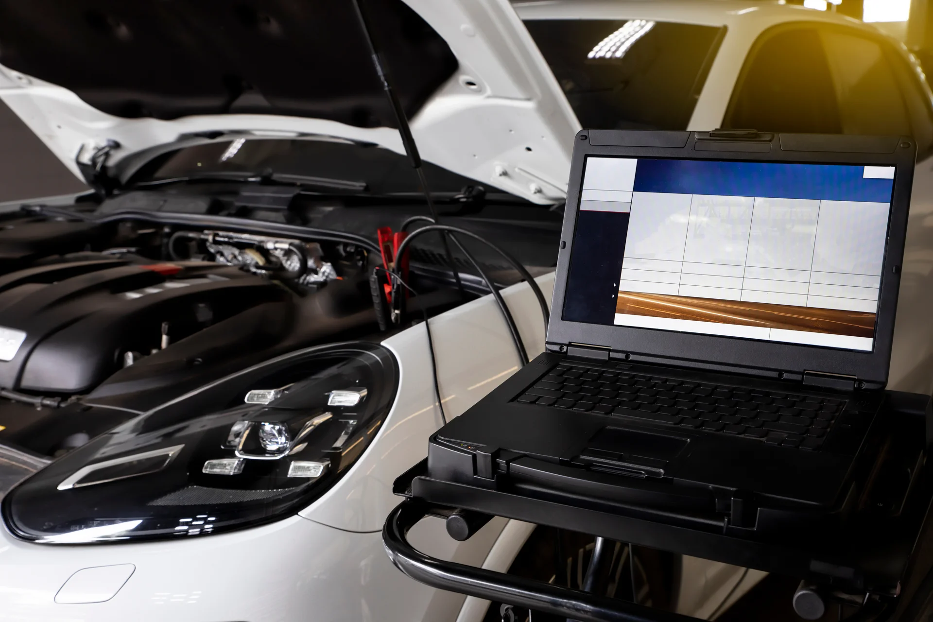 Motorruimte met diagnoseapparatuur voor ECU-werkzaamheden